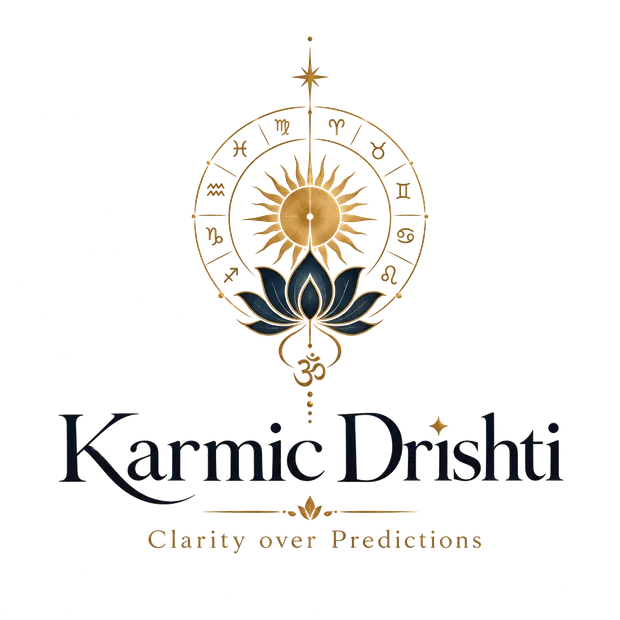 Karmic Drishti emblem: a sun above a lotus within a zodiac circle